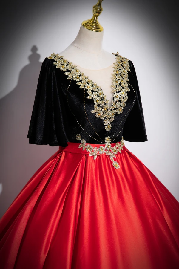 Ethnic Red Beading Lace Flower Satin Prom Dresses 2023 Ball Gown Scoop Neck Short Sleeve Backless Floor-Length / Long Formal Dresses