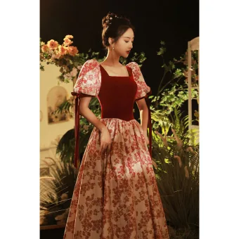 Chic Belle Bordeaux Impression Robe De Soirée 2022 Princesse Daim Encolure Carrée Gonflée Manches Courtes Dos Nu Longue Polyester Soirée Robe De Ceremonie