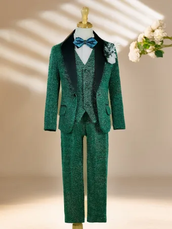 Fall Winter Glitter Dark Green Birthday Long Sleeve 6 Piece Boys Wedding Suits 2025 Body Jewellery Coat Pants Shirt Tie Vest
