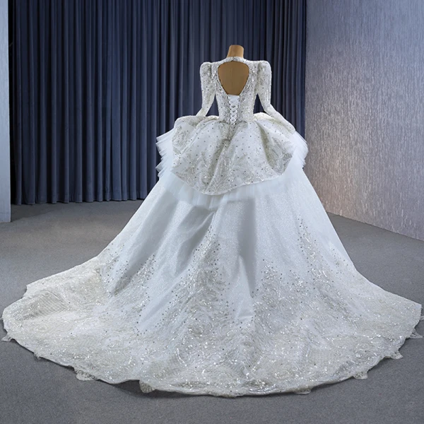 Luxury / Gorgeous Sparkly White Handmade  Beading Pearl Rhinestone Sequins Cascading Ruffles Wedding Dresses 2023 Ball Gown Scoop Neck Long Sleeve Backless
