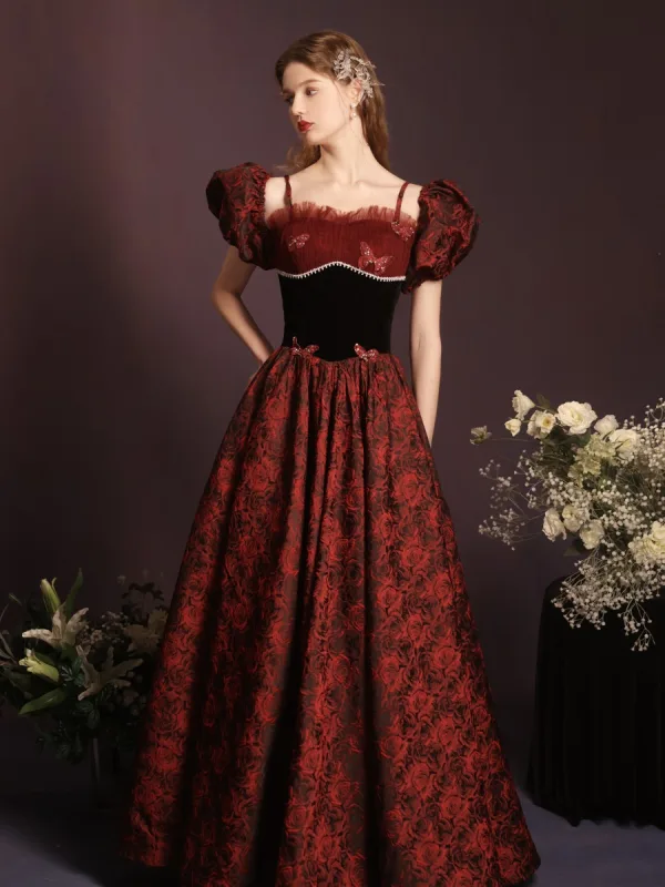 Modern / Fashion Burgundy Lace Butterfly Printing Evening Dresses 2023 A-Line / Princess Spaghetti Straps Sleeveless Pearl Rhinestone Backless Floor-Length / Long Evening Party