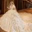 Luxury / Gorgeous Charming Ivory Beading Pearl Rhinestone Star Sequins Wedding Dresses 2022 Ball Gown High Neck Cascading Ruffles Short Sleeve Royal Train