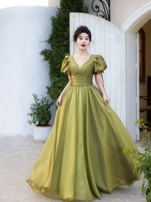 Chic Beautiful Sage Green Prom Dresses 2025 A Line Princess V Neck Puffy Short Sleeve Backless Floor Length Long Formal Dresses