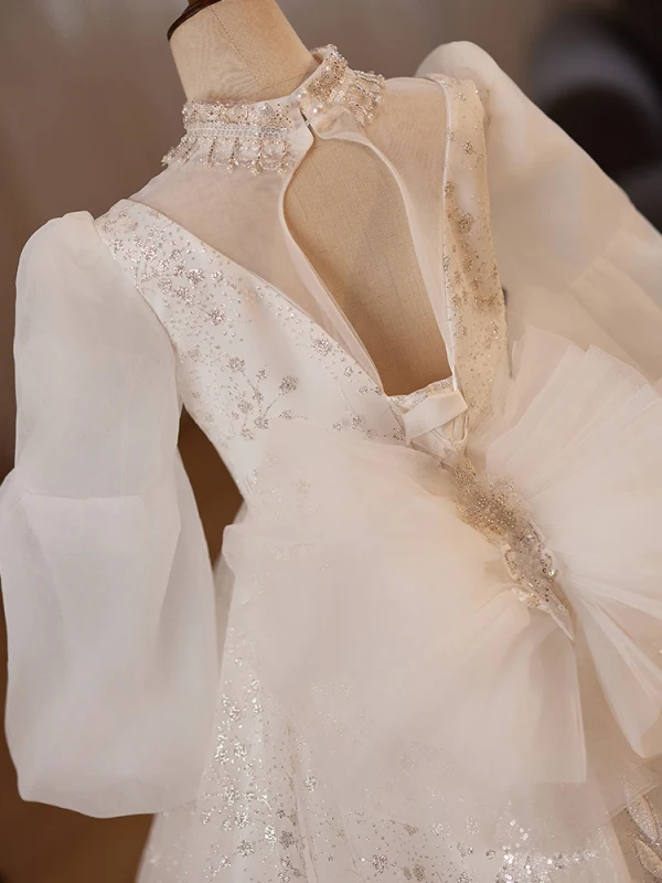 Elegant White Beading Pearl Sequins Birthday Flower Girl Dresses 2024 Ball Gown High Neck Long Sleeve Backless Floor-Length / Long