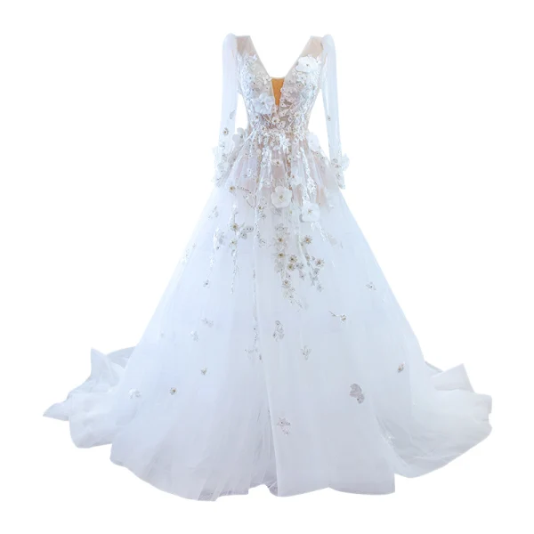 Luxury / Gorgeous White Rhinestone Lace Flower Appliques 2023 A-Line / Princess V-Neck Long Sleeve Wedding Dresses Court Train Wedding