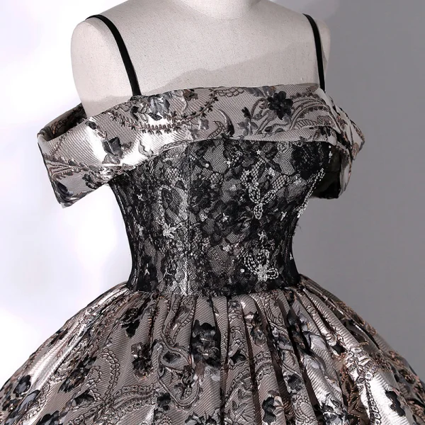 Vintage / Retro Baroque Silver Lace Flower Satin Prom Dresses 2022 Ball Gown Spaghetti Straps Sleeveless Backless Beading Floor-Length / Long Formal Dresses