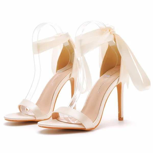 Sexy Champagne Evening Party Womens Sandals 2023 Satin Ankle Strap 10 cm Stiletto Heels Open / Peep Toe Sandals High Heels