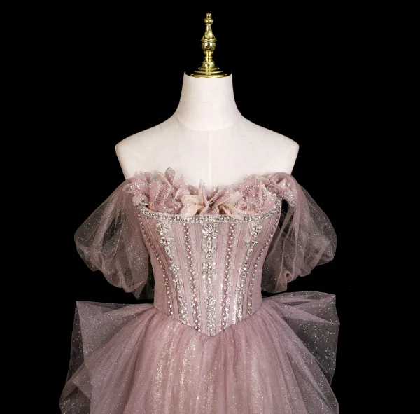 Scintillantes Haut de Gamme Rougissant Rose Faux Diamant Paillettes Robe De Soirée 2025 Princesse Bustier Sans Manches Dos Nu Longue Soirée Robe De Ceremonie