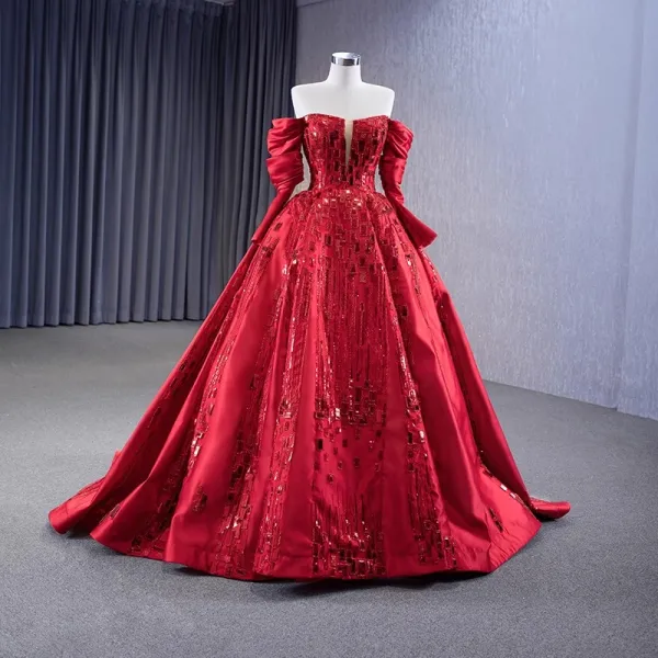 High-end Fashion Red Beading Sequins Prom Dresses 2023 Ball Gown Off-The-Shoulder 3/4 Sleeve Backless Sweep Train Formal Dresses