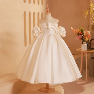 Elegant Ivory Satin Beading Bow Flower Girl Dresses 2024 Ball Gown Birthday Strapless Short Sleeve Backless Tea Length