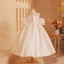 Elegant Ivory Satin Beading Bow Flower Girl Dresses 2024 Ball Gown Birthday Strapless Short Sleeve Backless Tea-length