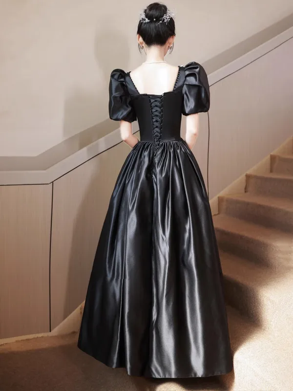 Elegant Black Satin Prom Dresses 2023 A-Line / Princess Square Neckline Puffy Short Sleeve Backless Floor-Length / Long Prom Formal Dresses