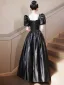 Elegant Black Satin Prom Dresses 2023 A-Line / Princess Square Neckline Puffy Short Sleeve Backless Floor-Length / Long Prom Formal Dresses