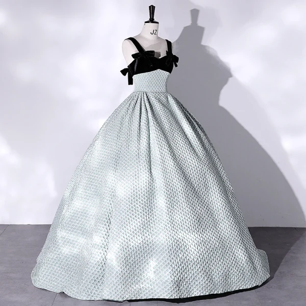 Fashion Black Prom Dresses 2022 Ball Gown Square Neckline Green Spotted Sleeveless Backless Bow Floor-Length / Long Formal Dresses