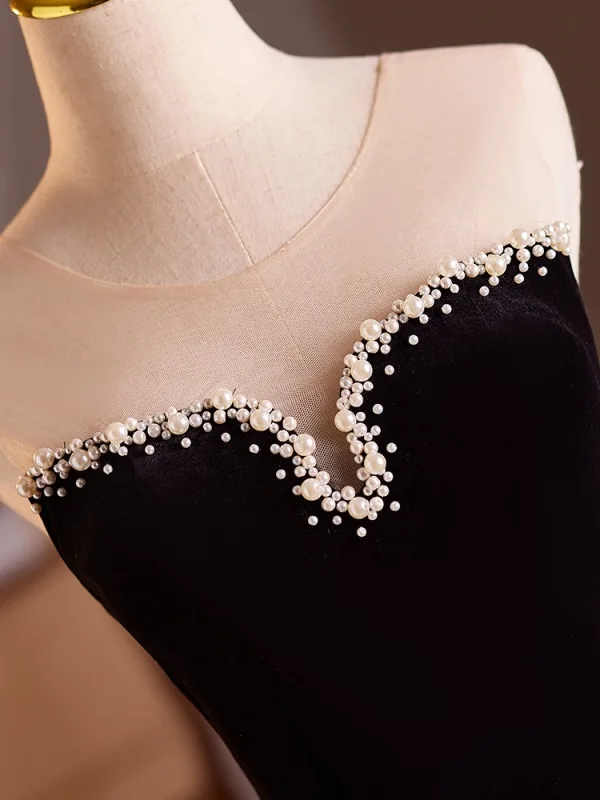 Sexy Black Pearl Trumpet / Mermaid Evening Dresses 2025 Strapless Sleeveless Backless Floor-Length / Long Evening Party Formal Dresses