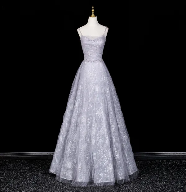 Bling Bling Grau Perlenstickerei Strass Pailletten Ballkleider 2026 A Linie Spaghettiträger Kurze Ärmel Rückenfreies Lange Festliche Kleider