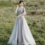 Chic / Belle Gris Robe De Bal 2022 Princesse V-Cou Perlage Paillettes Manches Courtes Dos Nu Longue Promo Robe De Ceremonie