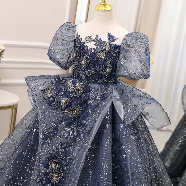 Vintage / Retro Navy Blue Beading Rhinestone Sequins Birthday Flower Girl Dresses 2022 Ball Gown Scoop Neck Puffy Short Sleeve Backless Floor-Length / Long Flower Girl Dresses