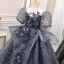 Vintage / Retro Navy Blue Beading Rhinestone Sequins Birthday Flower Girl Dresses 2022 Ball Gown Scoop Neck Puffy Short Sleeve Backless Floor-Length / Long Flower Girl Dresses