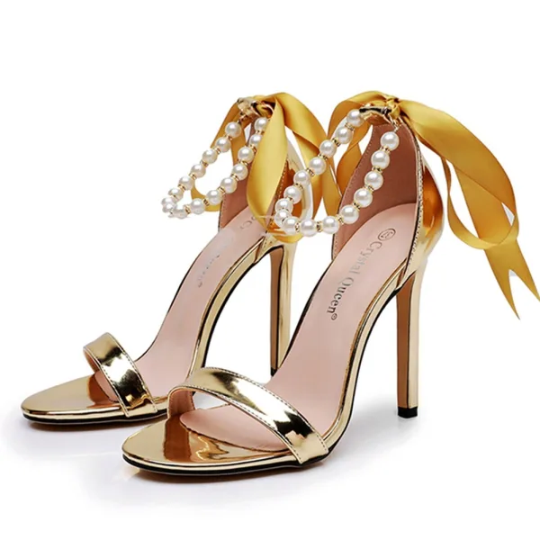 Sexy Gold Pearl Ankle Strap Bow Evening Party Womens Sandals 2024 11 cm Stiletto Heels Open / Peep Toe Sandals High Heels