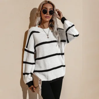 Chic Beautiful Women White Knitting Stripe Sweaters 2021 Acrylic Loose Scoop Neck Casual Fall Winter Long Sleeve Tops
