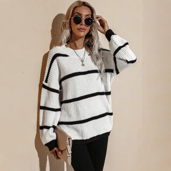 Chic / Beautiful Women White Knitting Stripe Sweaters 2021 Acrylic Loose Scoop Neck Casual Fall Winter Long Sleeve Tops