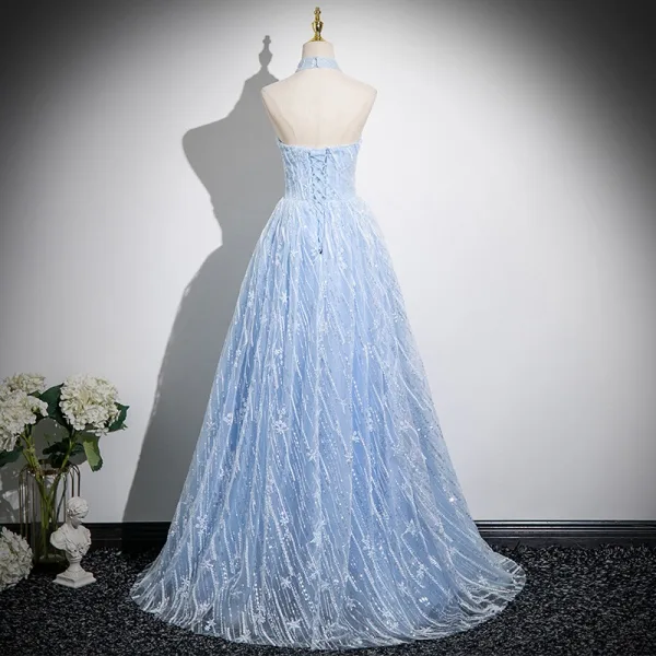 Sexy Sky Blue Beading Sequins Prom Dresses 2025 A-Line / Princess Halter Sleeveless Backless Sweep Train Formal Dresses