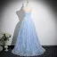 Sexy Sky Blue Beading Sequins Prom Dresses 2025 A-Line / Princess Halter Sleeveless Backless Sweep Train Formal Dresses