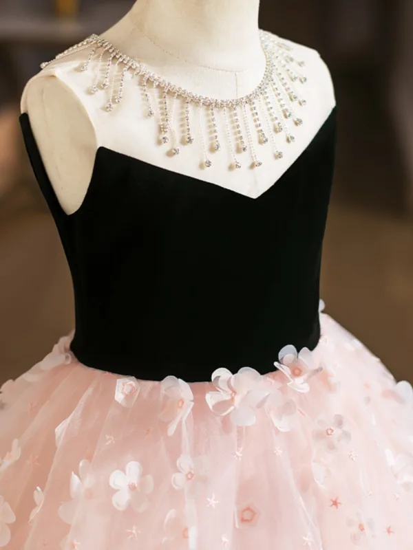 Chic / Beautiful Blushing Pink Appliques Birthday Flower Girl Dresses 2025 Ball Gown Scoop Neck Sleeveless Floor-Length / Long Tulle