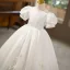 Elegant White Sequins Tassel Birthday Flower Girl Dresses 2025 Ball Gown Scoop Neck Puffy Short Sleeve Floor-Length / Long