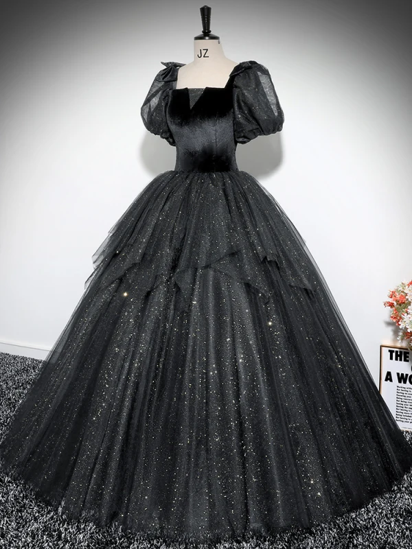 Elegante Schwarz Glanz Ballkleider 2024 Ballkleid Eckiger Ausschnitt Geschwollenes Kurze Ärmel Rückenfreies Lange Ball Festliche Kleider