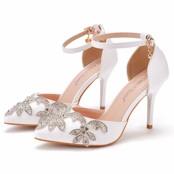 Schöne Weiß Strass Brautschuhe 2022 Knöchelriemen 9 cm Stilettos Spitzschuh Hochzeit Hochhackige