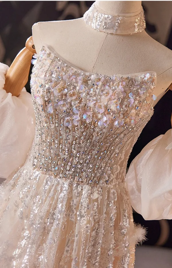 Charming Bling Bling Champagne Beading Rhinestone Appliques Prom Dresses 2025 A-Line / Princess Strapless Short Sleeve Backless Floor-Length / Long Formal Dresses