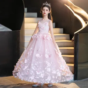 Flower Fairy Blushing Pink Pearl Appliques Birthday Flower Girl Dresses 2025 Ball Gown Scoop Neck Sleeveless Backless Floor Length Long