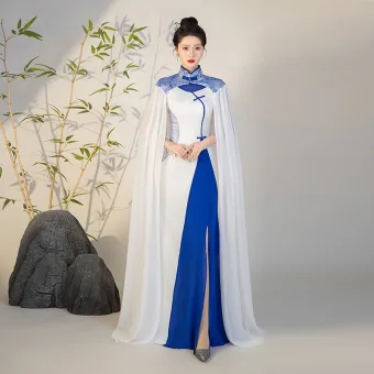 Chinese Style White With Cloak Split Front Evening Party Cheongsam 2025 Trumpet Mermaid High Neck Short Sleeve Floor Length Long Cheongsam Qipao