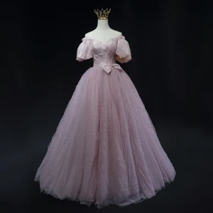 Charmant Rougissant Rose Perlage Paillettes Robe De Bal 2023 Princesse De L Épaule Gonflée Manches Courtes Dos Nu Noeud Longue Promo Robe De Ceremonie