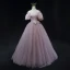 Charmant Rosa Perlenstickerei Pailletten Ballkleider 2023 A Linie Off Shoulder Geschwollenes Kurze Ärmel Rückenfreies Schleife Lange Ball Festliche Kleider