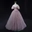 Chic / Beautiful Lilac Beading Bow Pleated Prom Dresses 2023 A-Line / Princess Off-The-Shoulder Short Sleeve Backless Floor-Length / Long Prom Formal Dresses