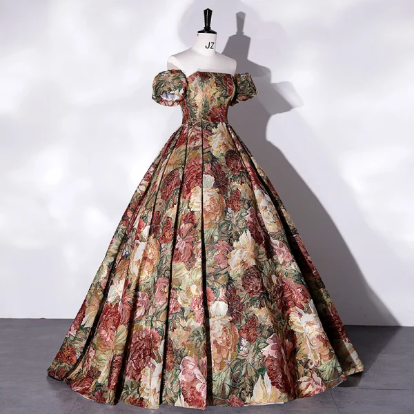 Vintage / Retro Multi-Colors Satin Printing Prom Dresses 2022 Ball Gown Strapless Sleeveless Backless Floor-Length / Long Formal Dresses