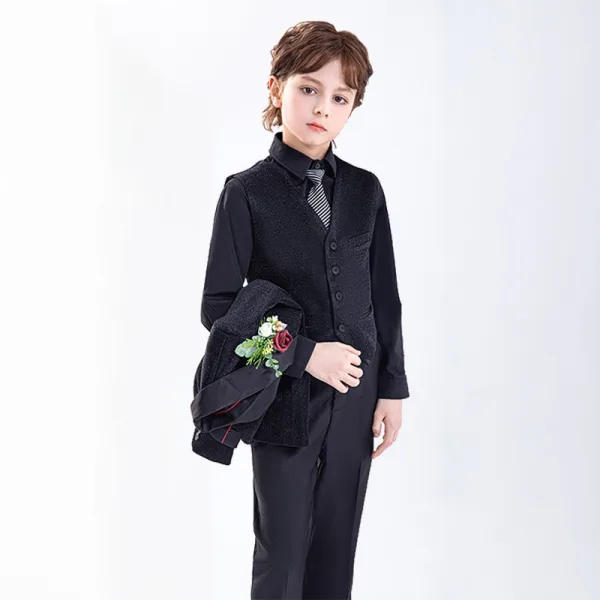 Noire Manches Longues Mariage Costume Garçon Mariage 2025 Bijoux De Corps Manteau Pantalon Chemise Cravate Gilet