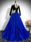 Vintage / Retro Royal Blue Beading Lace Flower Velvet Prom Dresses 2024 Ball Gown V-Neck Long Sleeve Backless Floor-Length / Long Prom Formal Dresses
