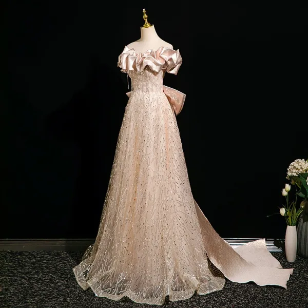 Charmant Champagne Perlage Paillettes Robe De Bal 2025 Princesse De l'épaule Manches Courtes Dos Nu Noeud Train De Balayage Tulle Robe De Ceremonie
