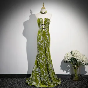 Fashion Green Sequins Velvet Evening Dresses 2024 Trumpet Mermaid Strapless Sleeveless Backless Sweep Train Evening Party Formal Dresses