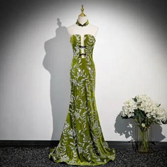Fashion Green Sequins Velvet Evening Dresses 2024 Trumpet Mermaid Strapless Sleeveless Backless Sweep Train Evening Party Formal Dresses