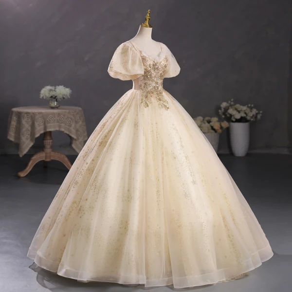 Elegant Champagne Beading Sequins Prom Dresses 2023 Ball Gown Square Neckline Puffy Short Sleeve Backless Floor-Length / Long Prom Formal Dresses