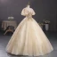 Elegant Champagne Beading Sequins Prom Dresses 2023 Ball Gown Square Neckline Puffy Short Sleeve Backless Floor-Length / Long Prom Formal Dresses