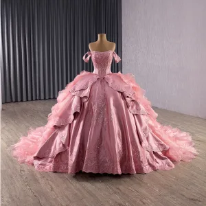 Luksus Blomsterfe Sukkertøyrosa Håndlaget Rhinestone Blonder Blomst Gripende Ruffles Ballkjoler Quinceañera 2025 Ballkjole Av Skulderen Uten Ermer Ryggløse