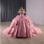 Luxury / Gorgeous Flower Fairy Candy Pink Handmade  Rhinestone Lace Flower Cascading Ruffles Prom Dresses Quinceañera 2025 Ball Gown Off-The-Shoulder Sleeveless Backless