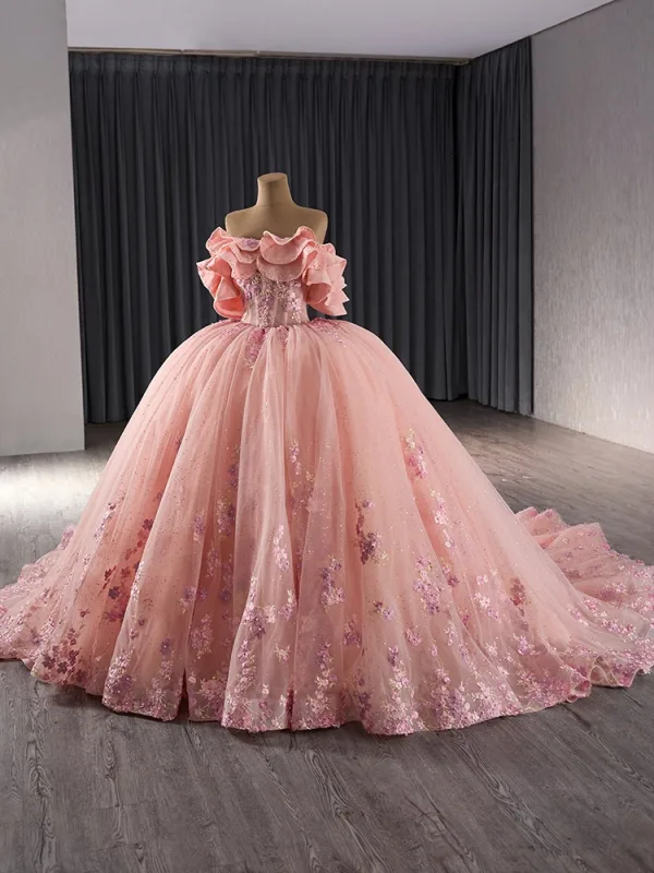 Flower Fairy Luxury / Gorgeous Blushing Pink Pearl Lace Flower Prom Dresses 2024 Ball Gown Off-The-Shoulder Short Sleeve Backless Chapel Train Prom Formal Dresses
