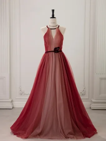 Fashion Burgundy Gradient Color Prom Dresses 2025 A Line Princess Halter Sleeveless Backless Floor Length Long Formal Dresses